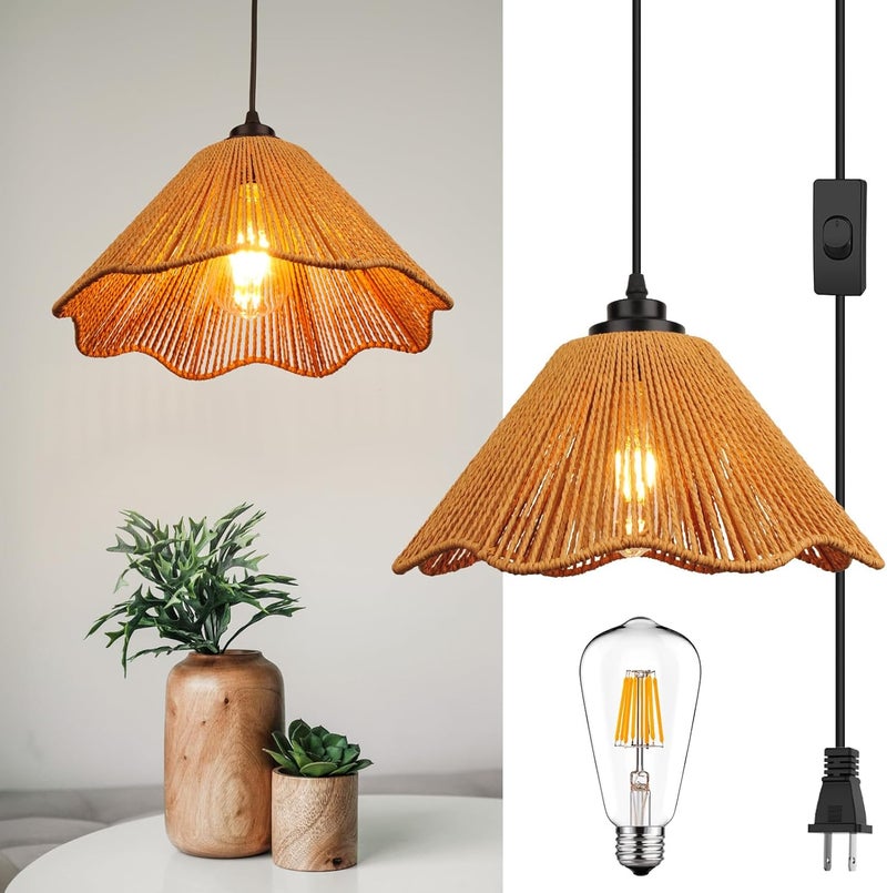 tebio Plug in Pendant Light,Rattan Hanging Lights with Plug in Cord 13FT Hemp Black Cord, On/Off Switch Chandelier for Boho Living Room Bedroom Kitchen（Bulb Included） 7 x 13 inch - Image 1